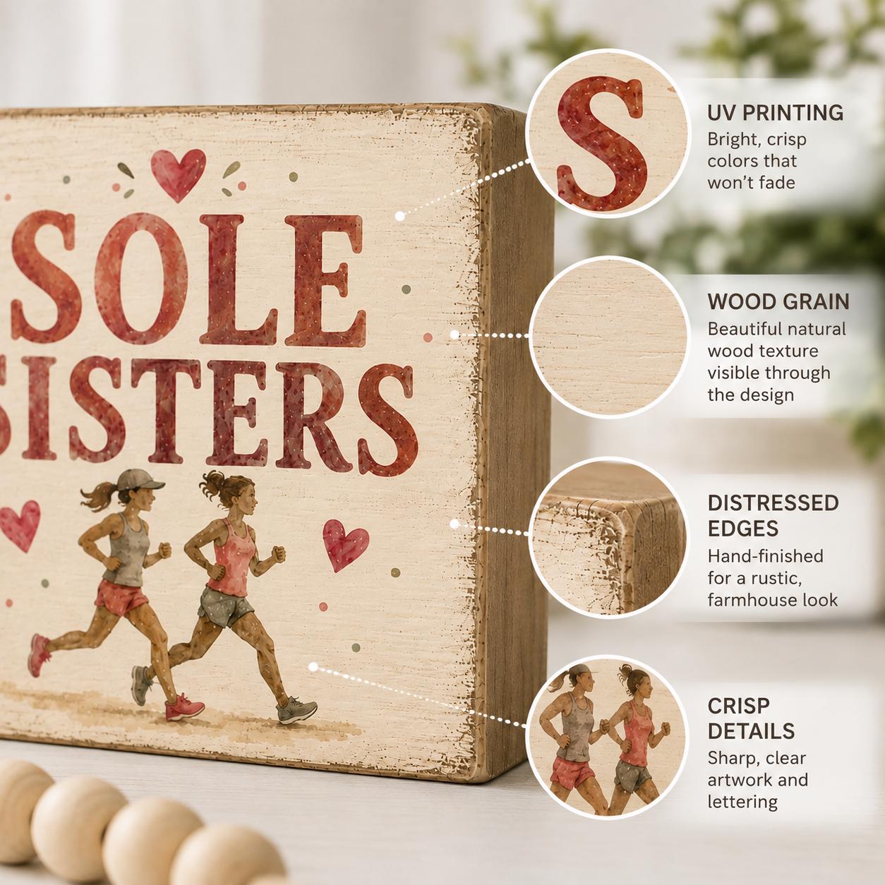 Sole Sisters Wood Sign, Running Friends Gift, Sisterhood Decor, Friendship Shelf Sitter, Rustic Farmhouse Decor, Handmade Gift