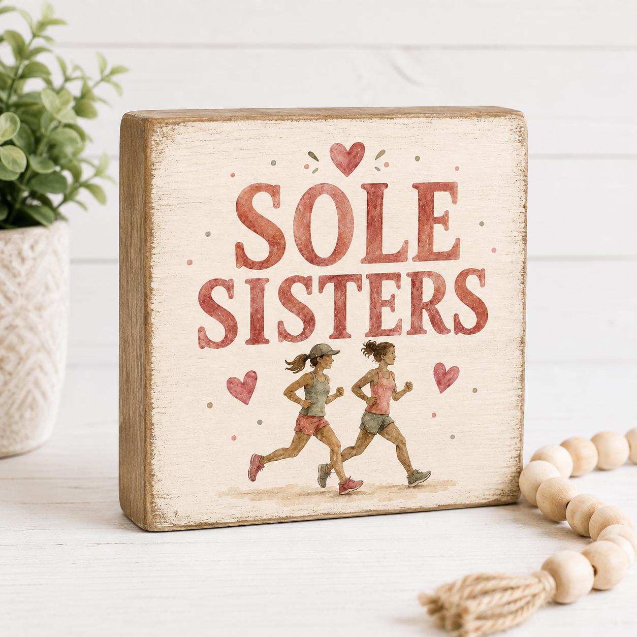 Sole Sisters Wood Sign, Running Friends Gift, Sisterhood Decor, Friendship Shelf Sitter, Rustic Farmhouse Decor, Handmade Gift