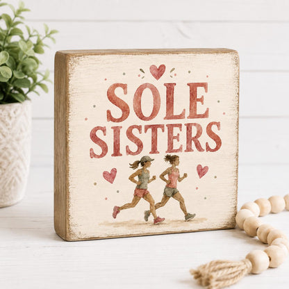 Sole Sisters Wood Sign, Running Friends Gift, Sisterhood Decor, Friendship Shelf Sitter, Rustic Farmhouse Decor, Handmade Gift