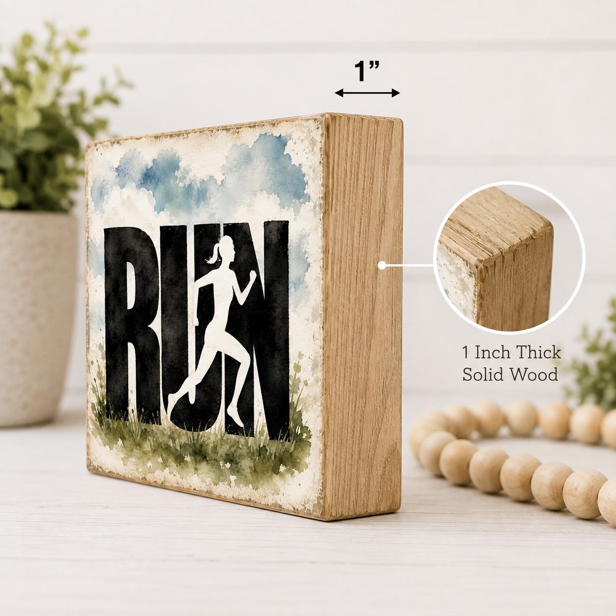 RUN Running Woman Sign, 4x4 Solid Wood Shelf Sitter, Fitness Decor, Runner Gift, Gym Home Decor
