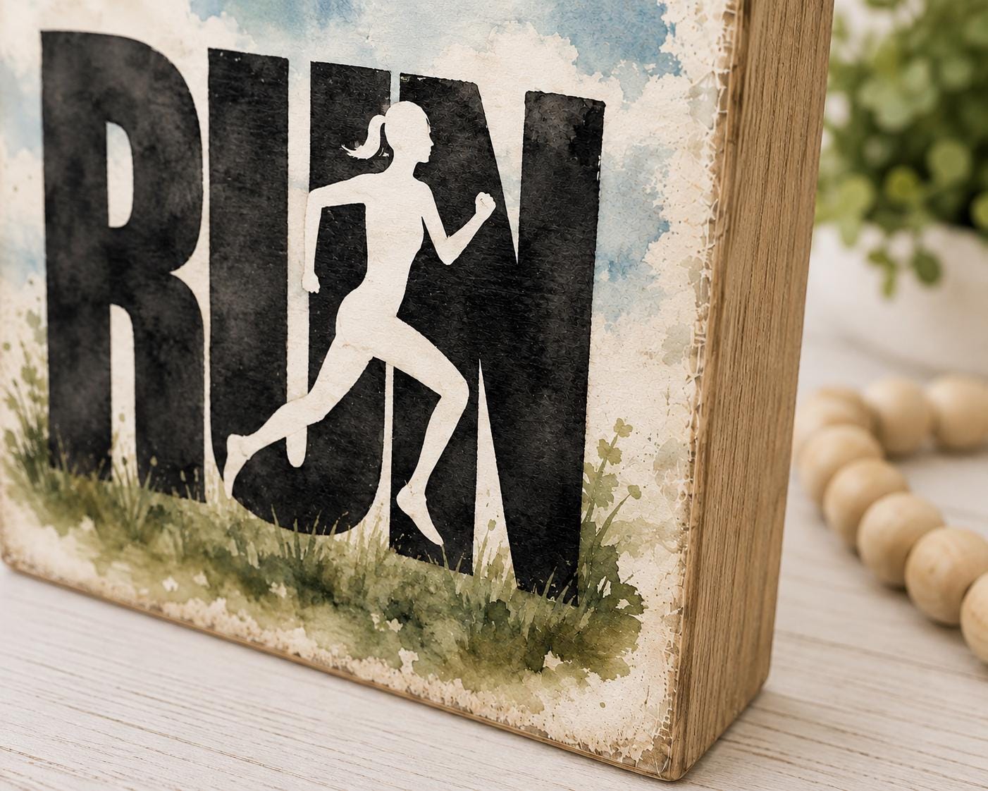 RUN Running Woman Sign, 4x4 Solid Wood Shelf Sitter, Fitness Decor, Runner Gift, Gym Home Decor