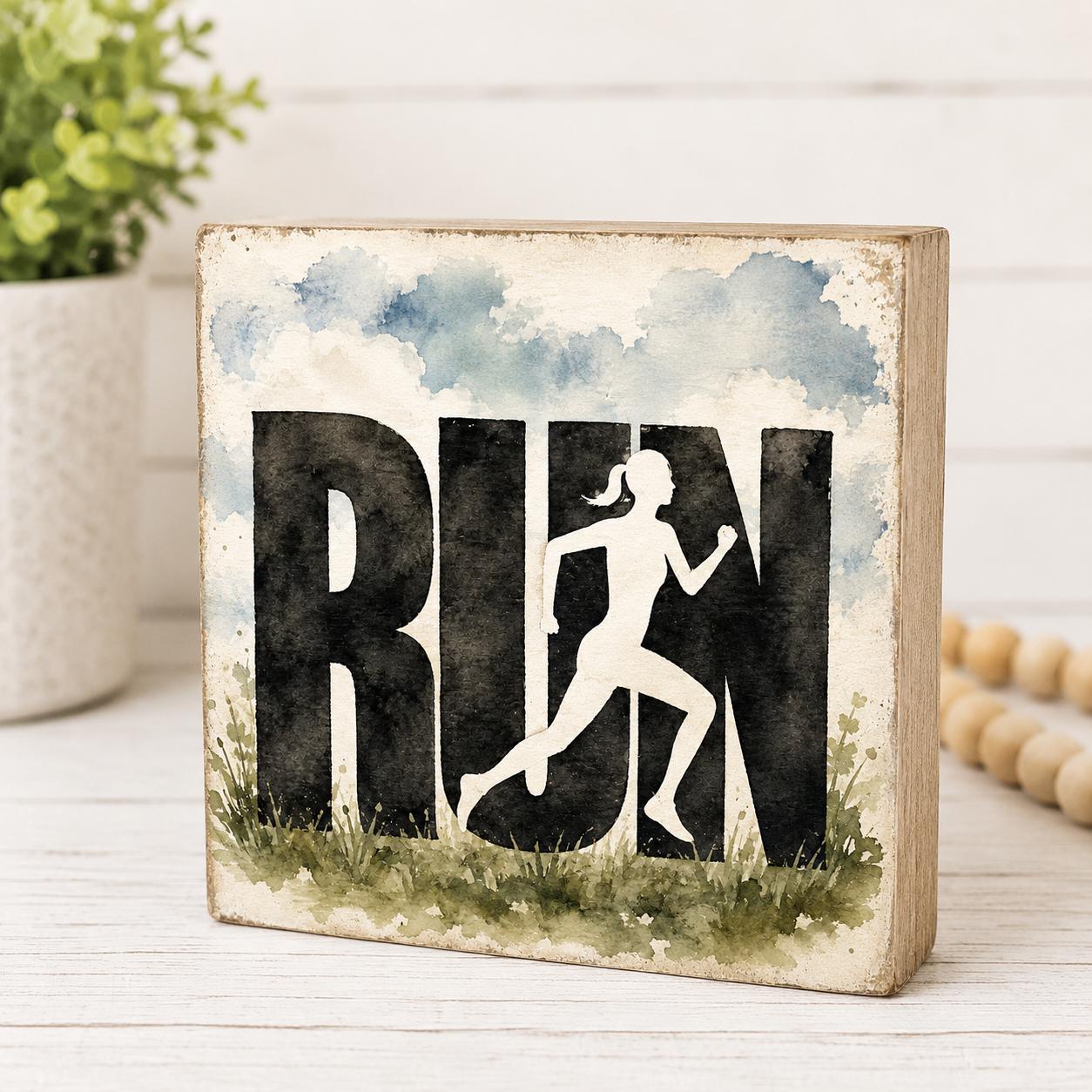 RUN Running Woman Sign, 4x4 Solid Wood Shelf Sitter, Fitness Decor, Runner Gift, Gym Home Decor