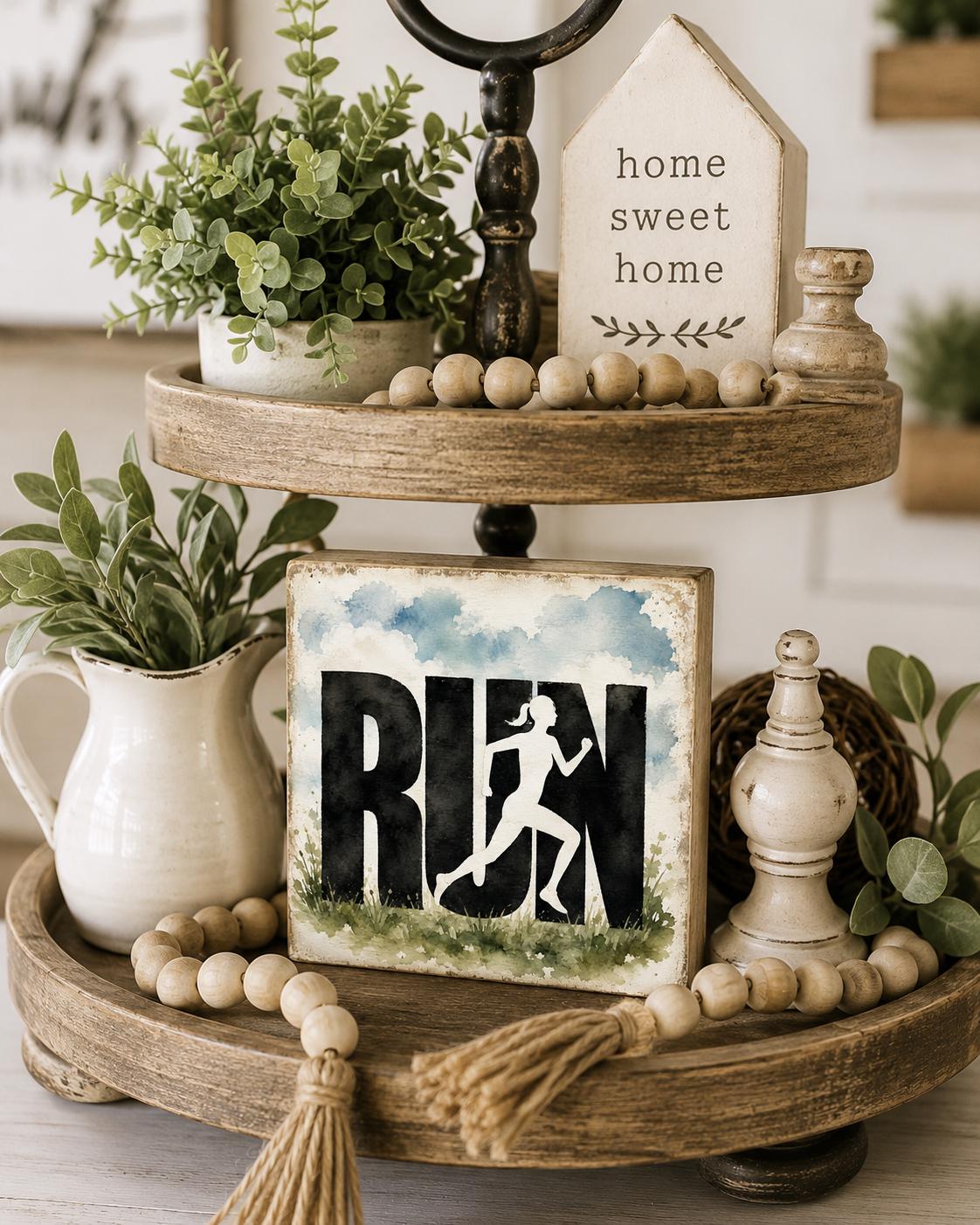 RUN Running Woman Sign, 4x4 Solid Wood Shelf Sitter, Fitness Decor, Runner Gift, Gym Home Decor