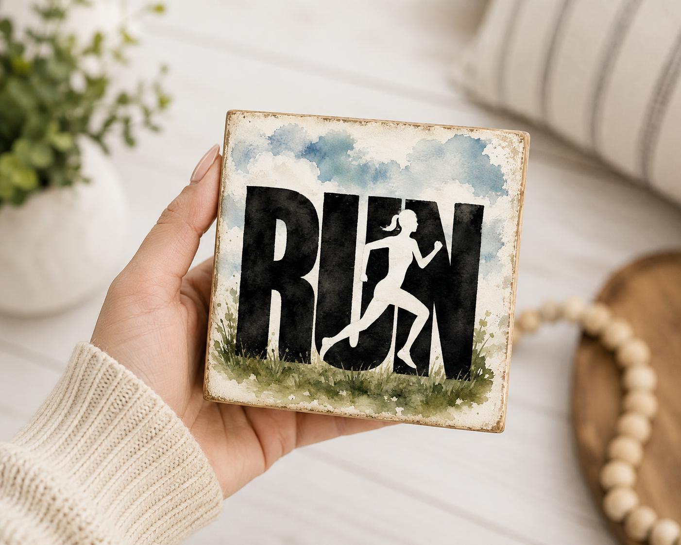 RUN Running Woman Sign, 4x4 Solid Wood Shelf Sitter, Fitness Decor, Runner Gift, Gym Home Decor