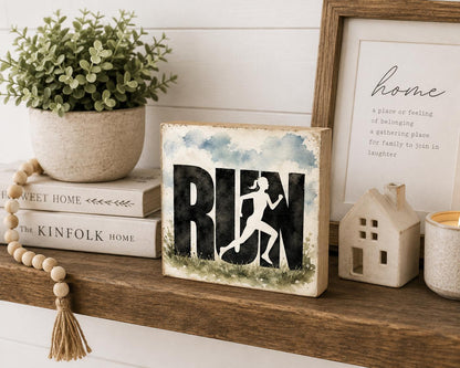 RUN Running Woman Sign, 4x4 Solid Wood Shelf Sitter, Fitness Decor, Runner Gift, Gym Home Decor