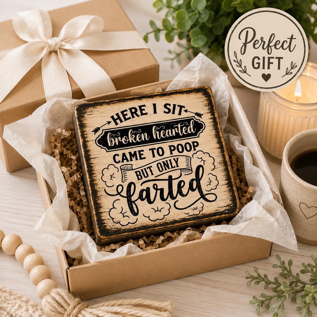 Funny Bathroom Wood Sign, 4x4 Solid Wood Shelf Sitter, Here I Sit Broken Hearted, Funny Toilet Humor Gift, Coworker Gift