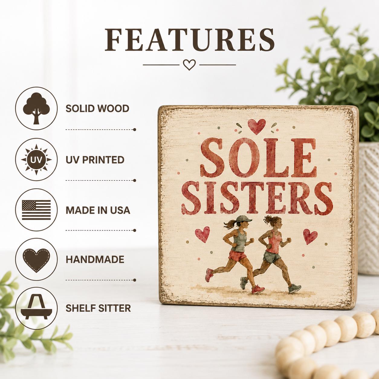 Sole Sisters Wood Sign, Running Friends Gift, Sisterhood Decor, Friendship Shelf Sitter, Rustic Farmhouse Decor, Handmade Gift