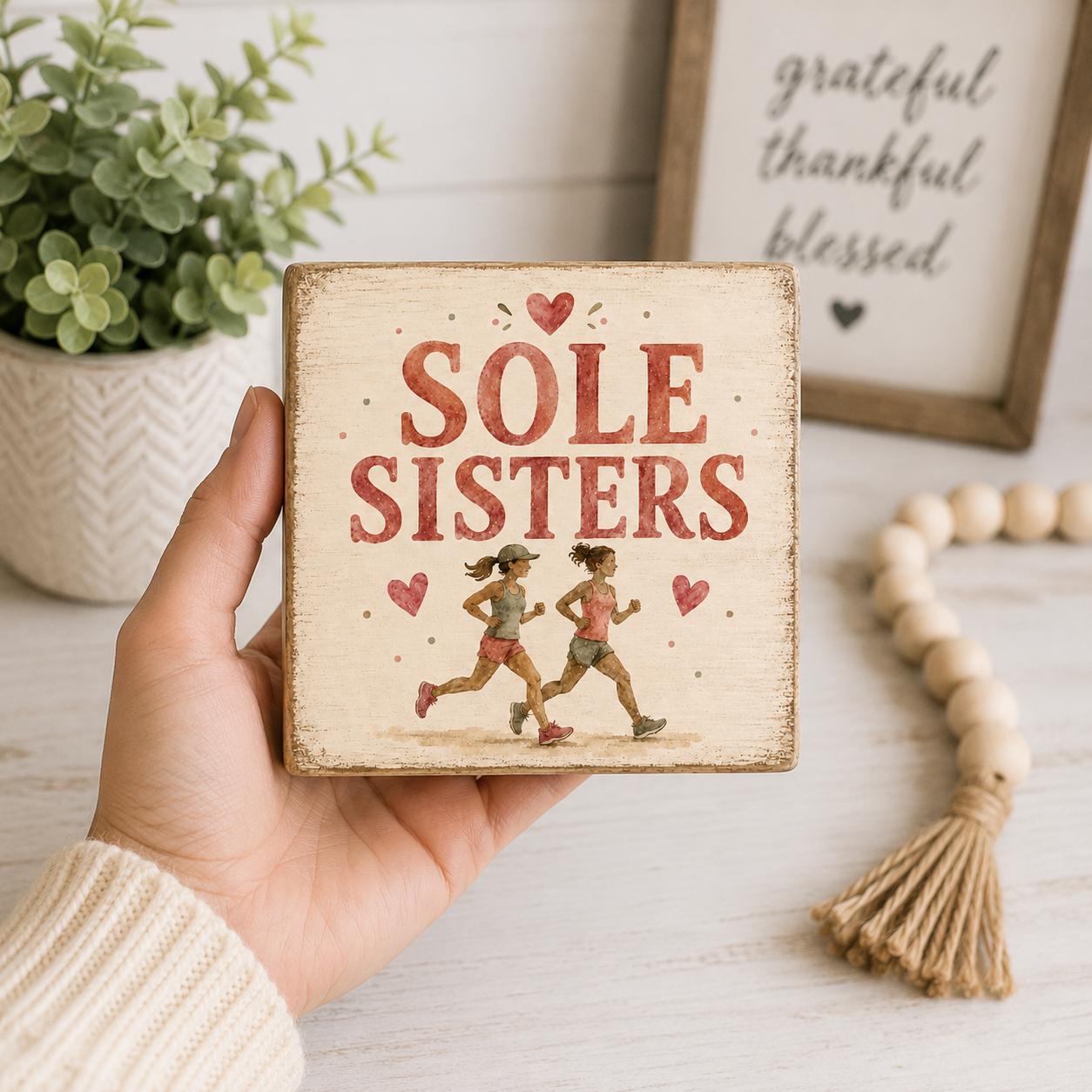 Sole Sisters Wood Sign, Running Friends Gift, Sisterhood Decor, Friendship Shelf Sitter, Rustic Farmhouse Decor, Handmade Gift
