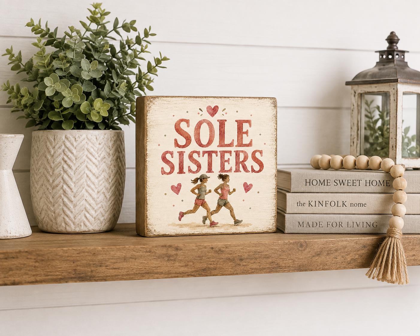 Sole Sisters Wood Sign, Running Friends Gift, Sisterhood Decor, Friendship Shelf Sitter, Rustic Farmhouse Decor, Handmade Gift