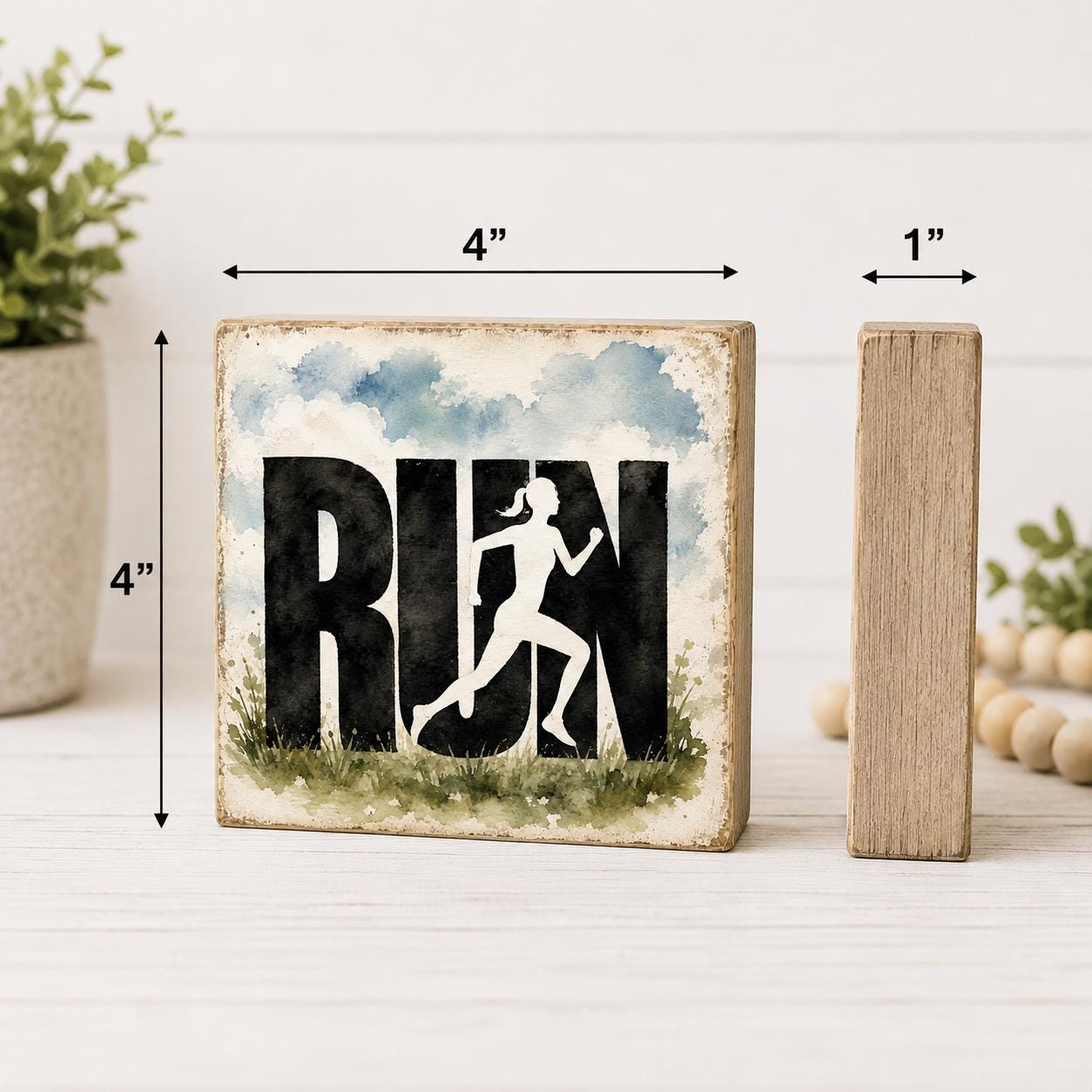 RUN Running Woman Sign, 4x4 Solid Wood Shelf Sitter, Fitness Decor, Runner Gift, Gym Home Decor
