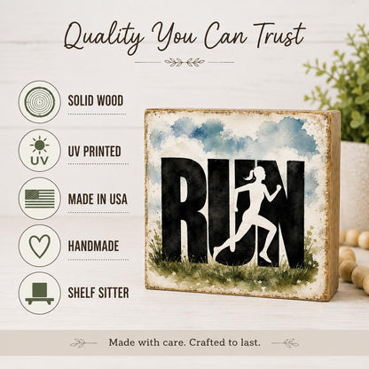 RUN Running Woman Sign, 4x4 Solid Wood Shelf Sitter, Fitness Decor, Runner Gift, Gym Home Decor