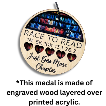 Virtualrunevent 2026 Race to Read medal featuring a colorful design celebrating 1M, 5K, 10K, 13.1, and 26.2 mile race achievements.