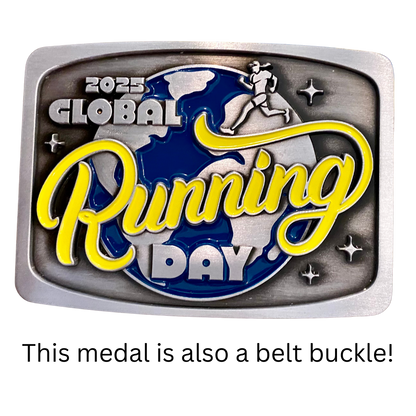 Virtualrunevent 2025 Global Running Day Belt Buckle Medal, silver finish with engraved design, shown on a white background.
