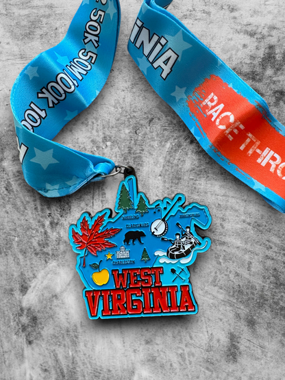 VirtualRunEvent West Virginia medal and race bib for 1M, 5K, 10K, half marathon, and marathon race participation.