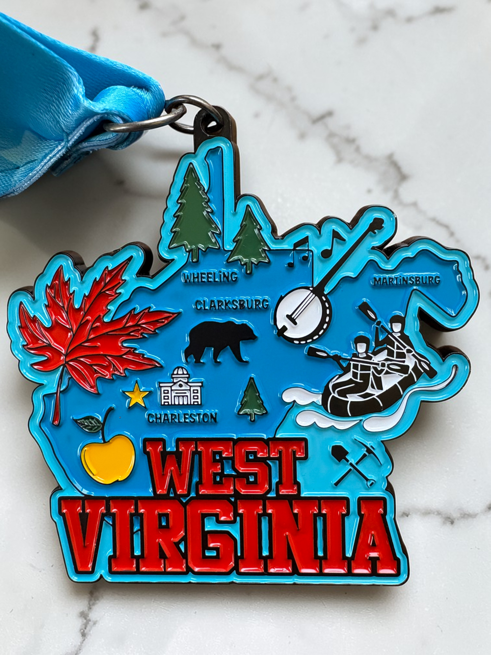 VirtualRunEvent West Virginia medal for race distances 1M, 5K, 10K, Half Marathon, and Marathon with bib, in vibrant design.