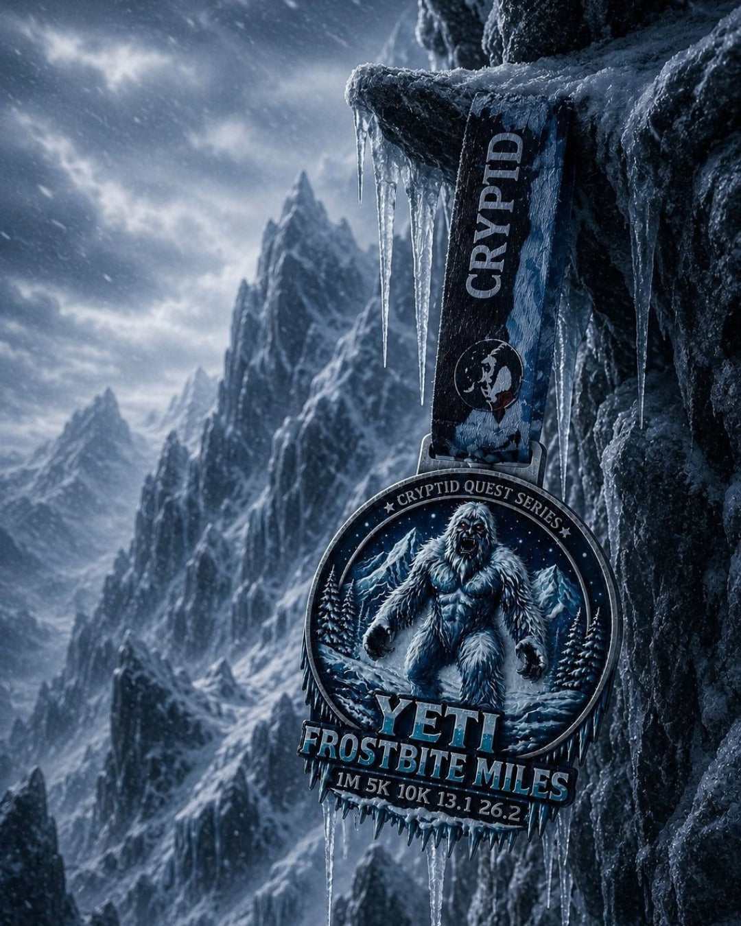Yeti Frostbite Miles Virtual Race 2026 medal from Virtual Rune Event's Cryptid Quest Series, featuring a detailed yeti design.