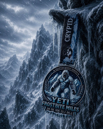 Yeti Frostbite Miles Virtual Race 2026 medal from Virtual Rune Event's Cryptid Quest Series, featuring a detailed yeti design.