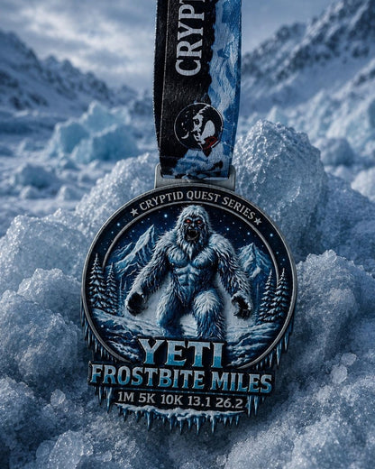 Yeti Frostbite Miles Virtual Race 2026 medal from Virtual Run Event Cryptid Quest Series, featuring a detailed Yeti design.